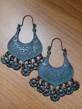 Turquoise-Patina Filigree Dangle Earrings